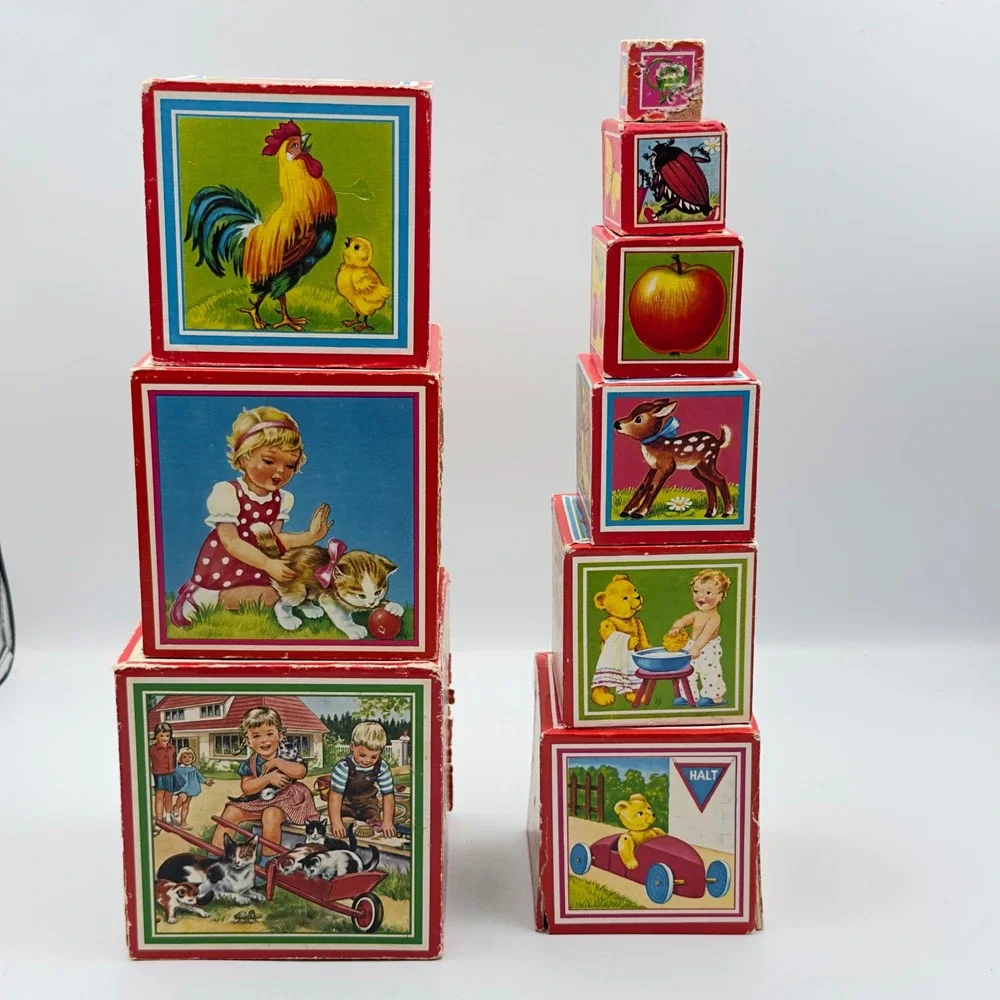 Vintage Mid Century Nesting Stacking Blocks Cardboard Animal Illustrations 9pc‎